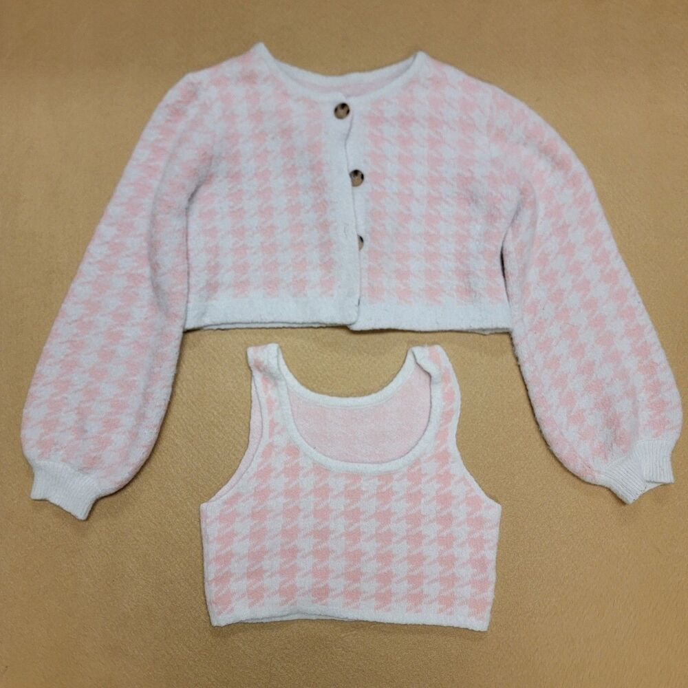 Pink Houndstooth Cardigan Crop Sweater & Tank Top Sz Small Cozy Cute Kawaii Y2K